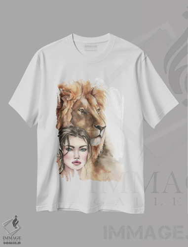 تیشرت سفید طرح دار شیر و دختر، مدیوم اثر کایرا بالان | فروشگاه ایماژ