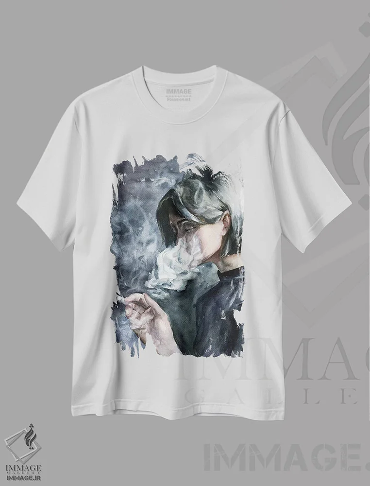 تیشرت سفید طرح دار دود، هنر فاخر معاصر اثر کایرا بالان | فروشگاه ایماژ