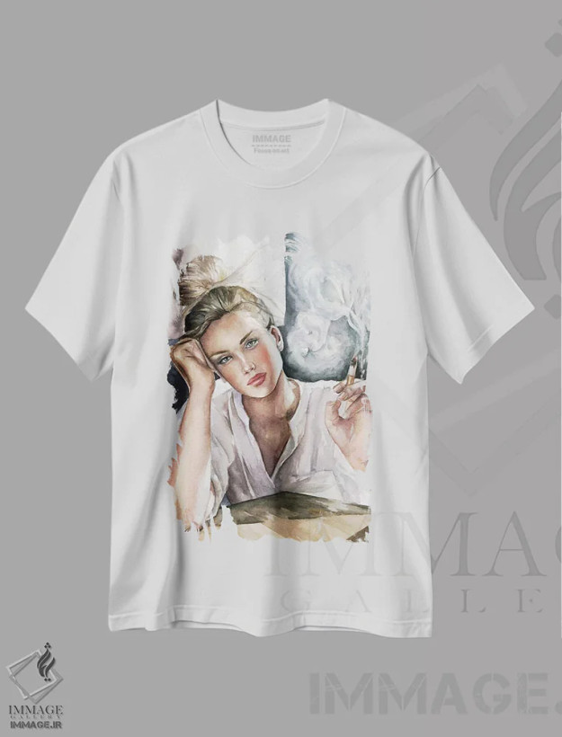 تیشرت سفید طرح دار دختر با سیگار، مدیوم اثر کایرا بالان | فروشگاه ایماژ