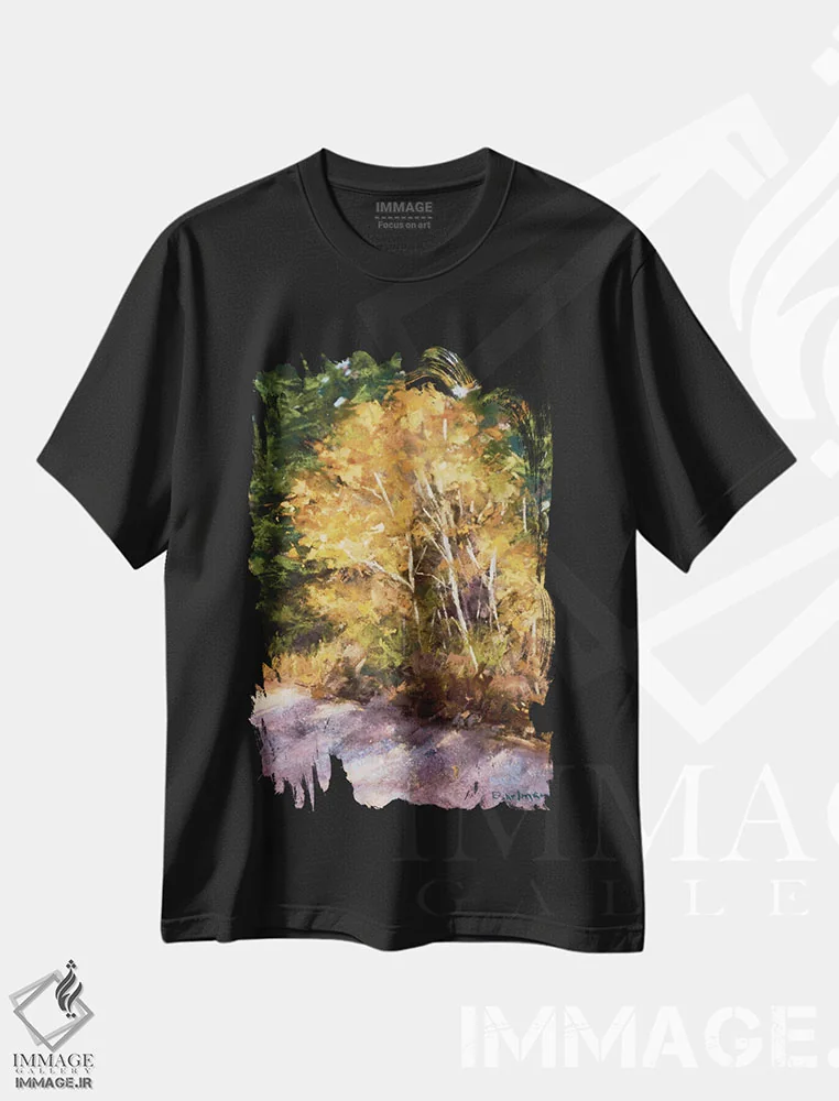 تیشرت مشکی طرح دار پاییز در ذهن من، هنر فاخر معاصر اثر کیم اشلمن | فروشگاه ایماژ
