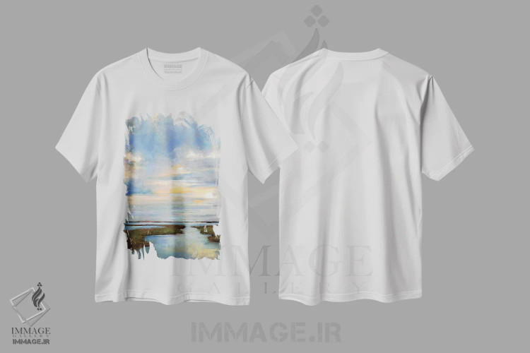 تیشرت سفید طرح دار آن سوی مرداب، هنر فاخر معاصر اثر کیم اشلمن | فروشگاه ایماژ