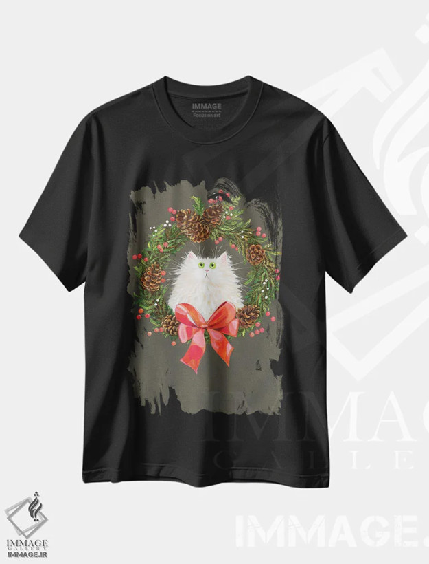 تیشرت مشکی طرح دار گربه سفید با حلقه تزئینی جشن، حیوانات کریسمسی اثر کیم هاسکینز | فروشگاه ایماژ