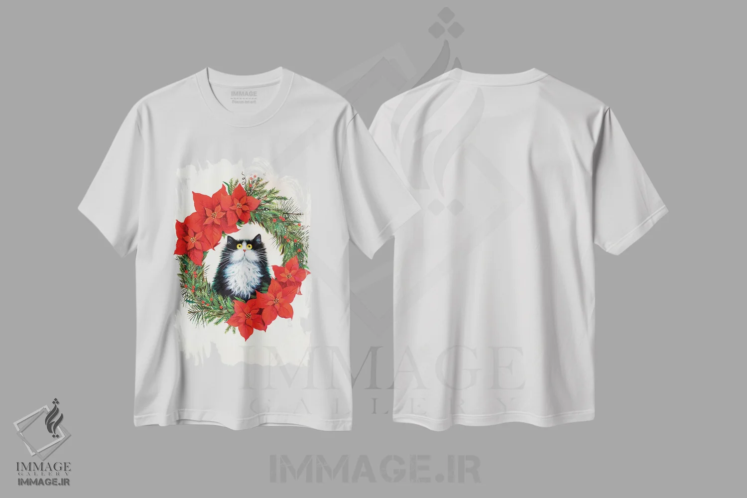 تیشرت سفید طرح دار گربه سیاه و سفید در حلقه گل بنت قنسول، حیوانات کریسمسی اثر کیم هاسکینز | فروشگاه ایماژ