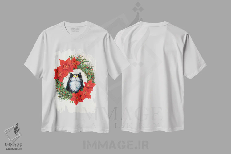 تیشرت سفید طرح دار گربه سیاه و سفید در حلقه گل بنت قنسول، حیوانات کریسمسی اثر کیم هاسکینز | فروشگاه ایماژ