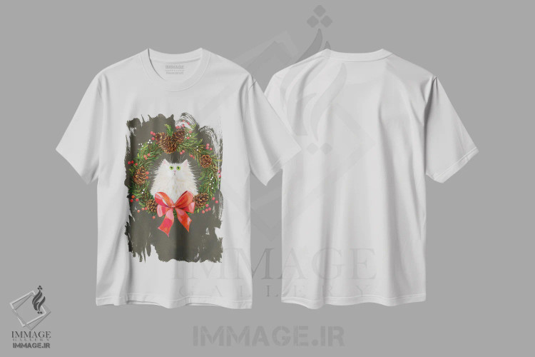 تیشرت سفید طرح دار گربه سفید با حلقه تزئینی جشن، حیوانات کریسمسی اثر کیم هاسکینز | immage.ir