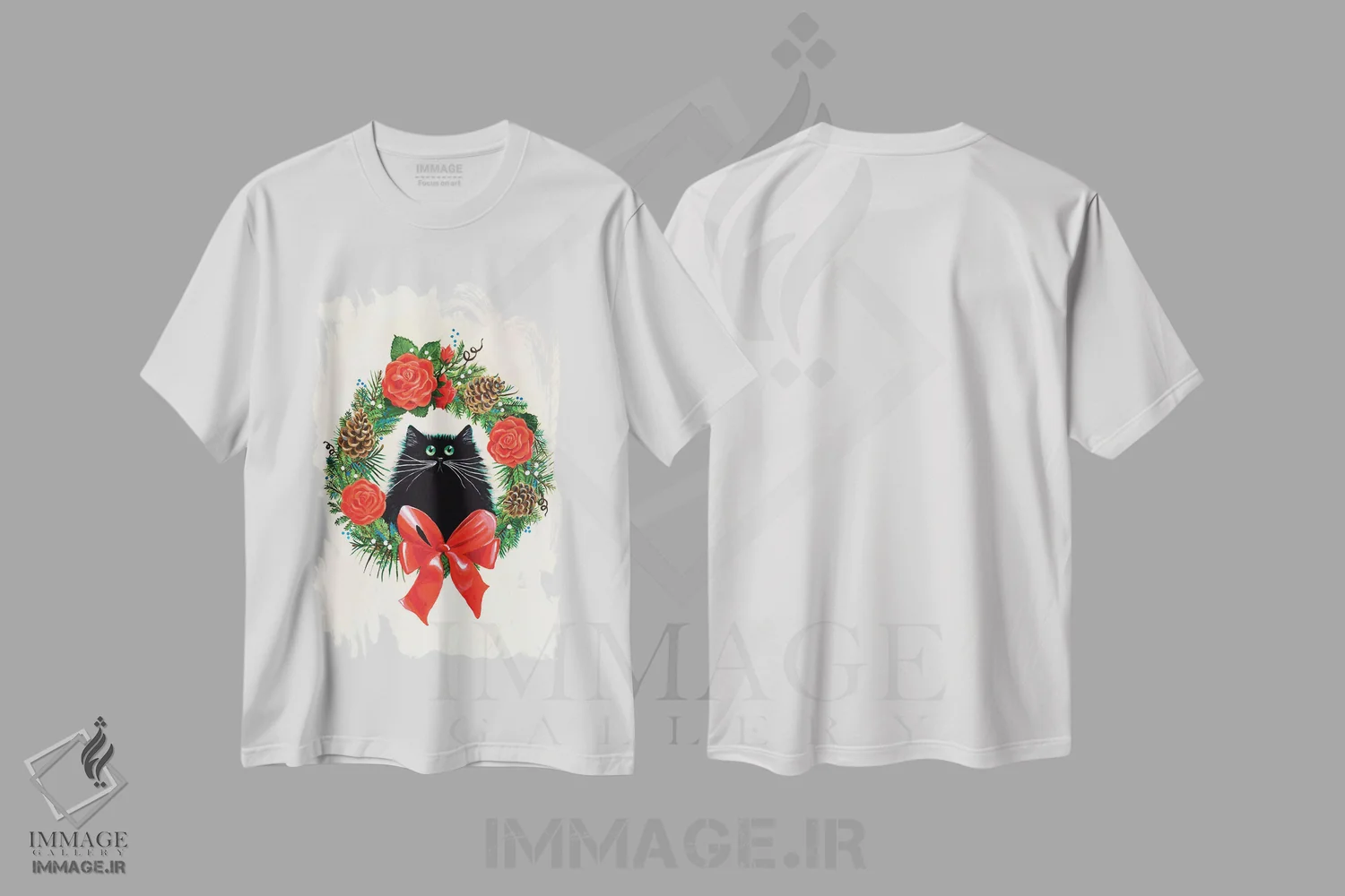 تیشرت سفید طرح دار گربه سیاه در حلقه گل رز، حیوانات کریسمسی اثر کیم هاسکینز | immage.ir