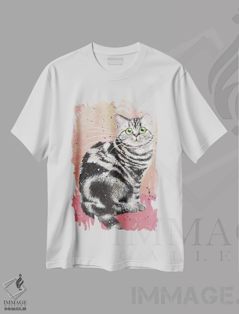 تیشرت سفید طرح دار گربه الویس، دکور معاصر اثر کیم هاسکینز | فروشگاه ایماژ