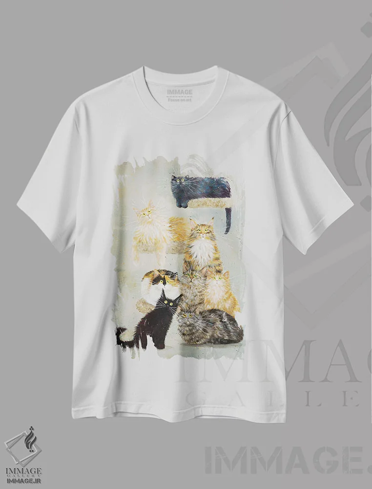 تیشرت سفید طرح دار گربه های هاینز، مدیوم اثر کیم هاسکینز | فروشگاه ایماژ