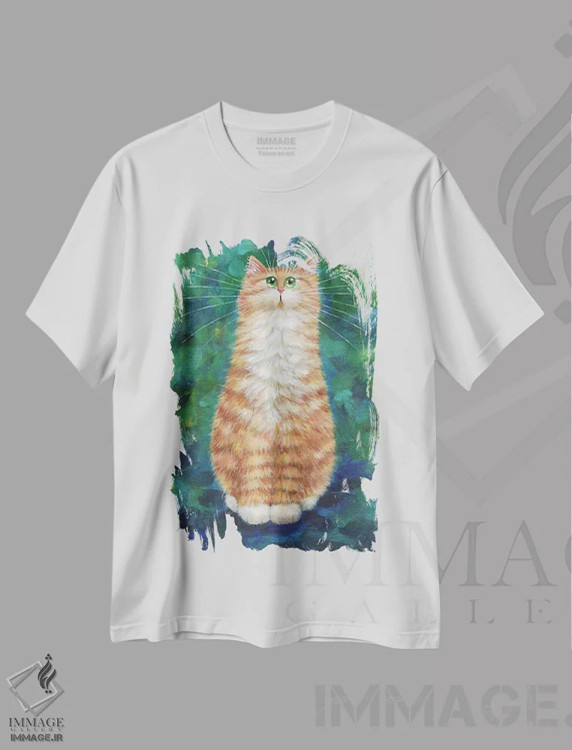 تیشرت سفید طرح دار گربه نارنجی روی زمرد، تزئینی اثر کیم هاسکینز | فروشگاه ایماژ
