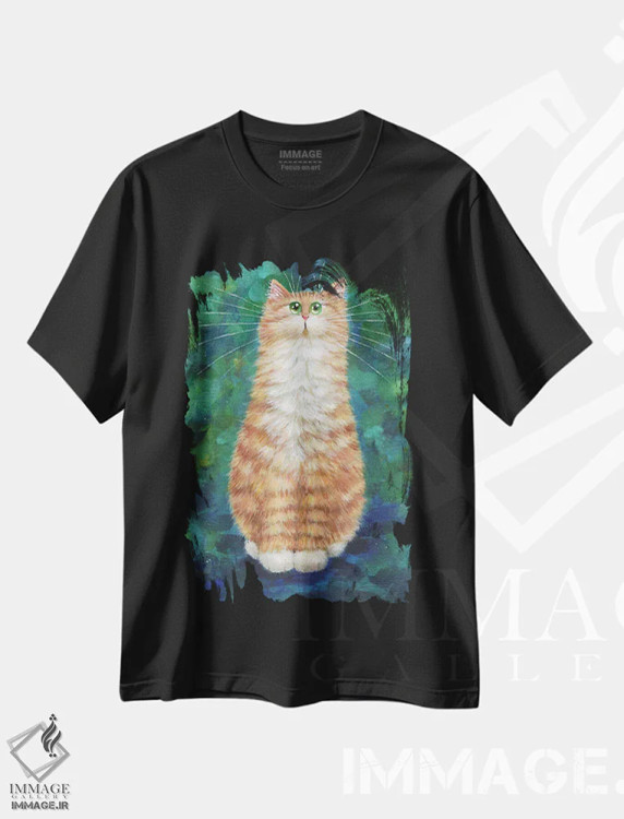 تیشرت مشکی طرح دار گربه نارنجی روی زمرد، تزئینی اثر کیم هاسکینز | immage.ir