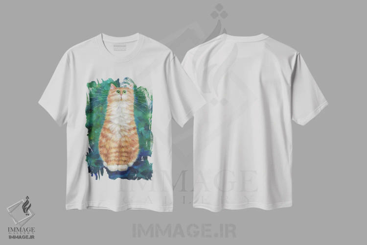 تیشرت سفید طرح دار گربه نارنجی روی زمرد، تزئینی اثر کیم هاسکینز | فروشگاه ایماژ