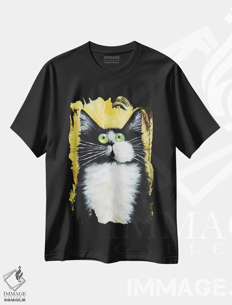 تیشرت مشکی طرح دار تاکسیدو روی زرد، هنر فاخر معاصر اثر کیم هاسکینز | فروشگاه ایماژ