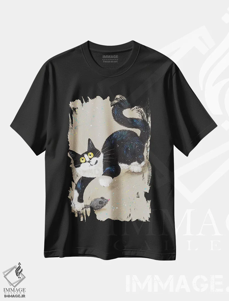 تیشرت مشکی طرح دار ویلف و ماوس، هنر فاخر معاصر اثر کیم هاسکینز | فروشگاه ایماژ