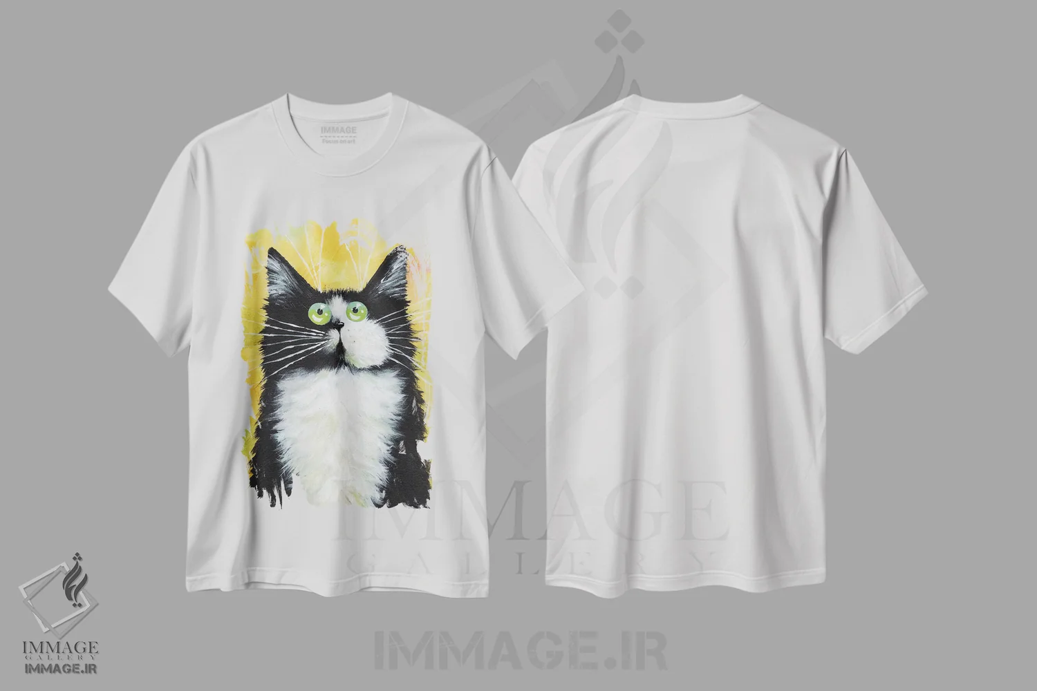 تیشرت سفید طرح دار تاکسیدو روی زرد، هنر فاخر معاصر اثر کیم هاسکینز | immage.ir