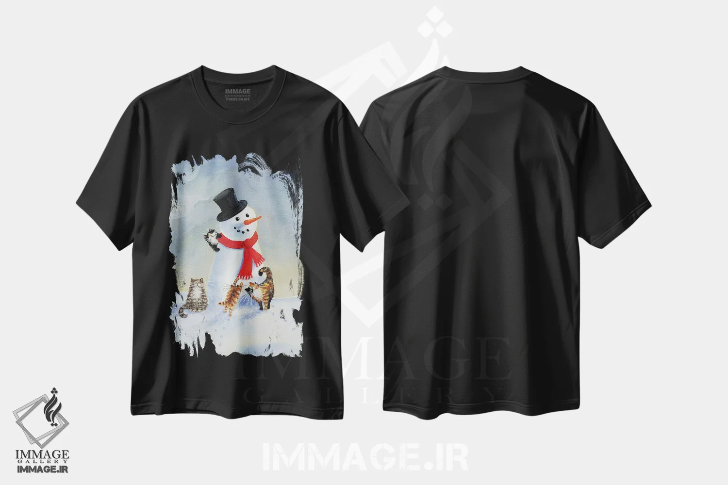 تیشرت مشکی طرح دار گربه های برفی، دکور تعطیلات اثر کیم هاسکینز | immage.ir