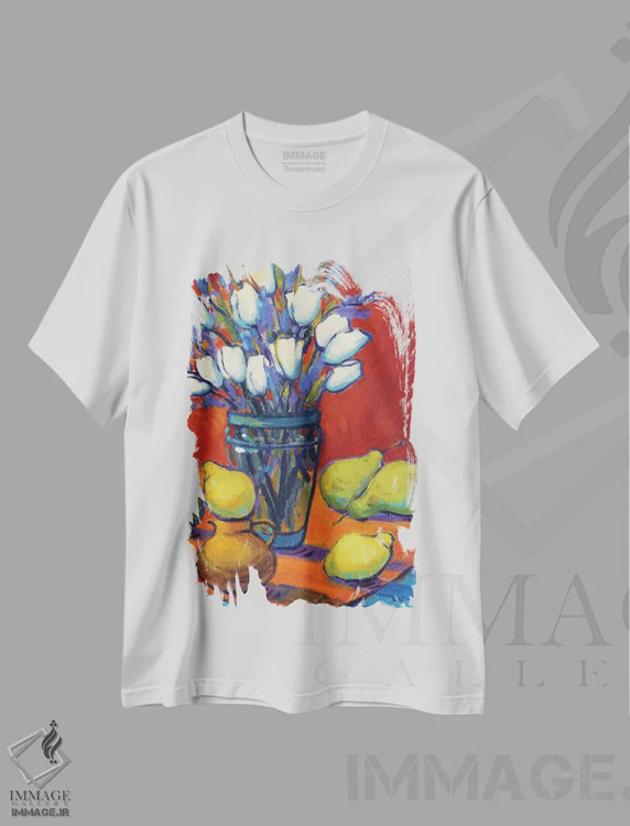 تیشرت سفید طرح دار تعادل، دکور معاصر اثر کانی کیم | فروشگاه ایماژ