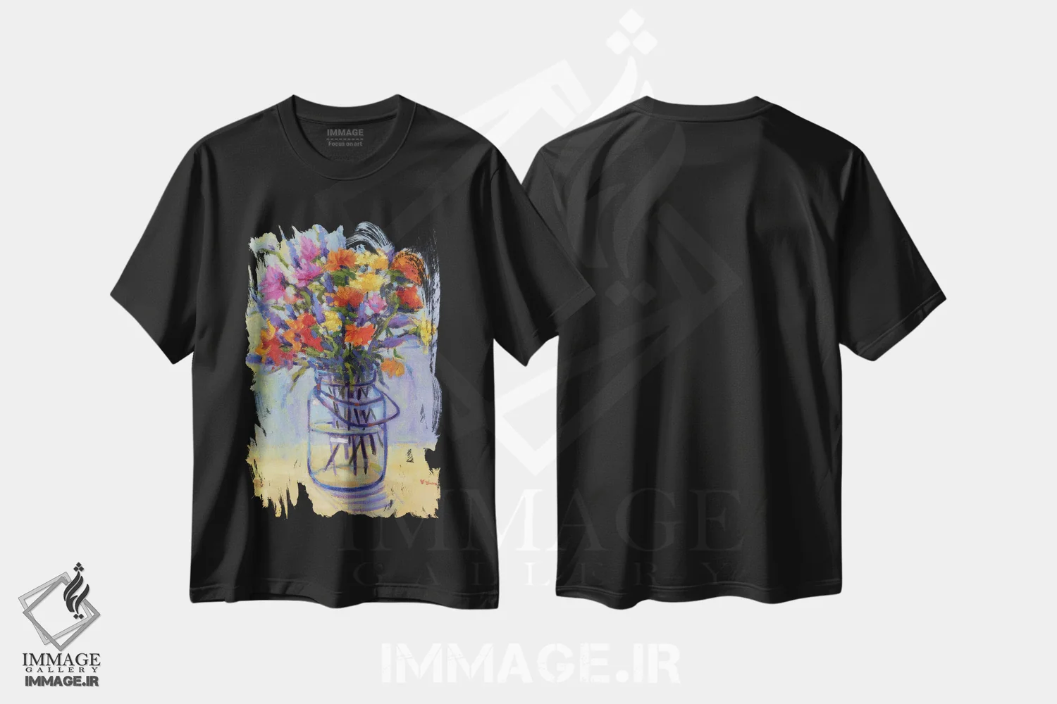 تیشرت مشکی طرح دار دسته گل بهاری، دکور معاصر اثر کانی کیم | فروشگاه ایماژ