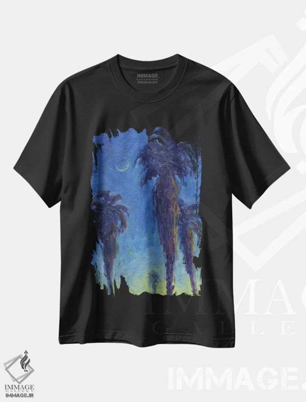 تیشرت مشکی طرح دار نخل های داغ تابستانی، دکور معاصر اثر کانی کیم | فروشگاه ایماژ