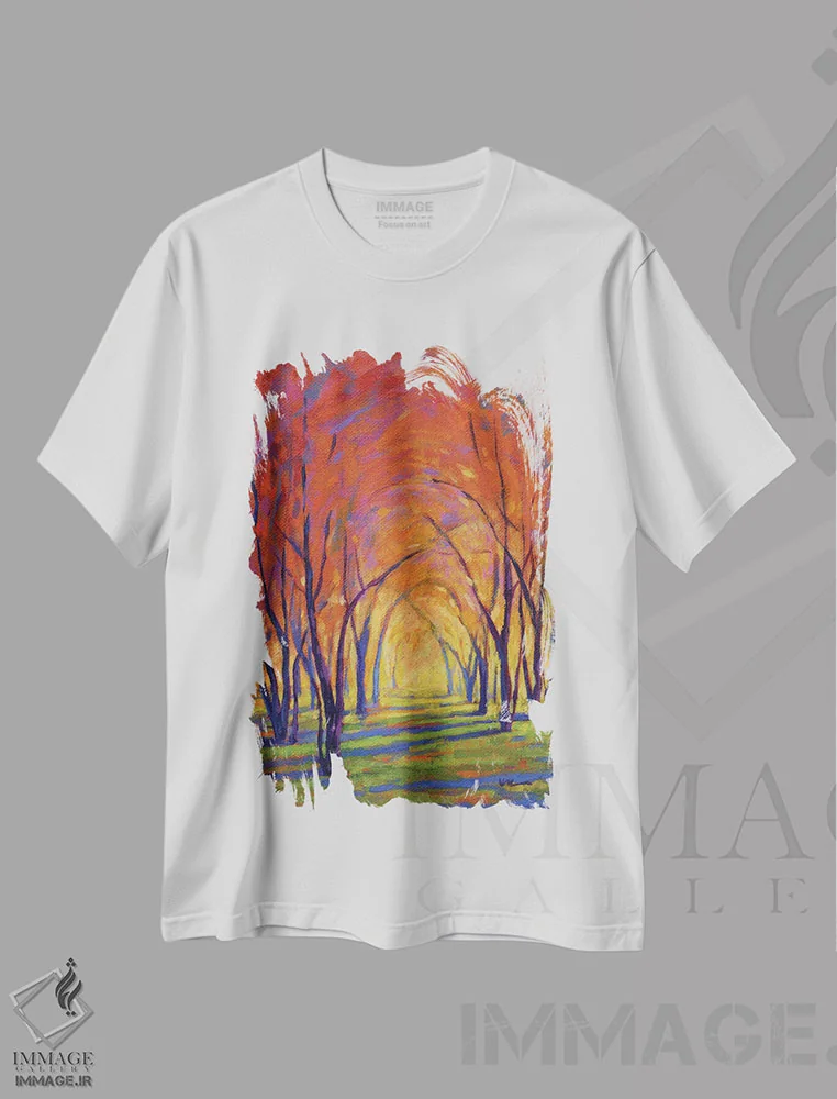 تیشرت سفید طرح دار رنگ های پاییز، دکور معاصر اثر کانی کیم | فروشگاه ایماژ