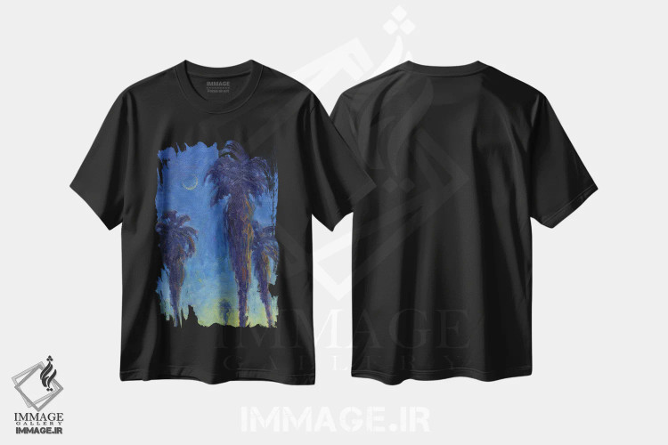 تیشرت مشکی طرح دار نخل های داغ تابستانی، دکور معاصر اثر کانی کیم | فروشگاه ایماژ