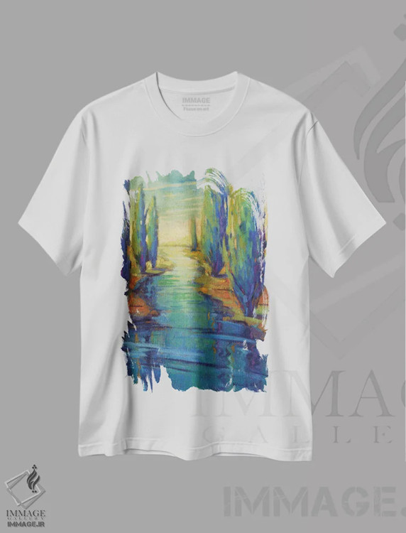 تیشرت سفید طرح دار در امتداد جویبار، دکور معاصر اثر کانی کیم | فروشگاه ایماژ