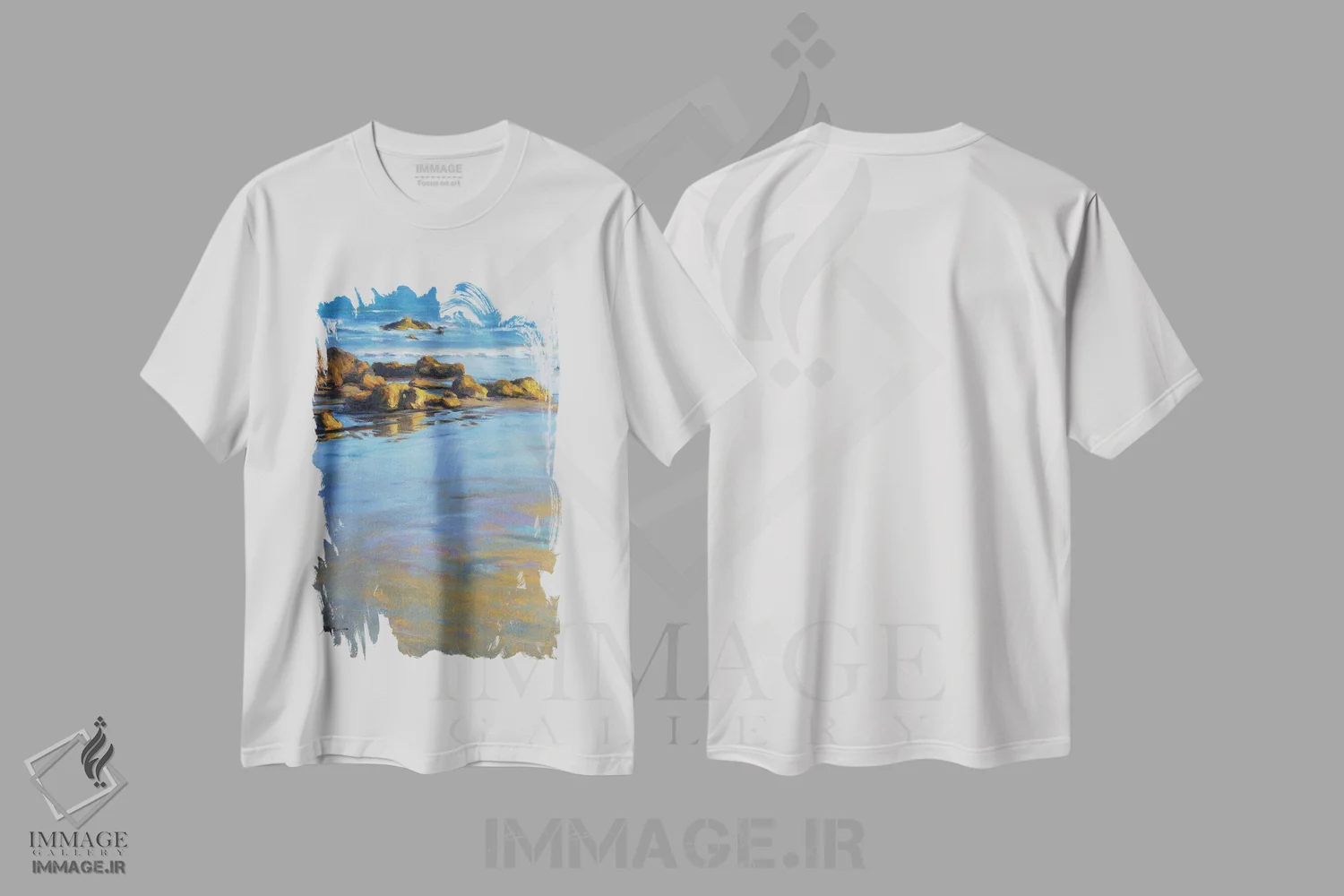 تیشرت سفید طرح دار انعکاس اقیانوس آرام یک، دکور ساحلی اثر کانی کیم | فروشگاه ایماژ