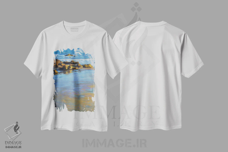 تیشرت سفید طرح دار انعکاس اقیانوس آرام یک، دکور ساحلی اثر کانی کیم | فروشگاه ایماژ