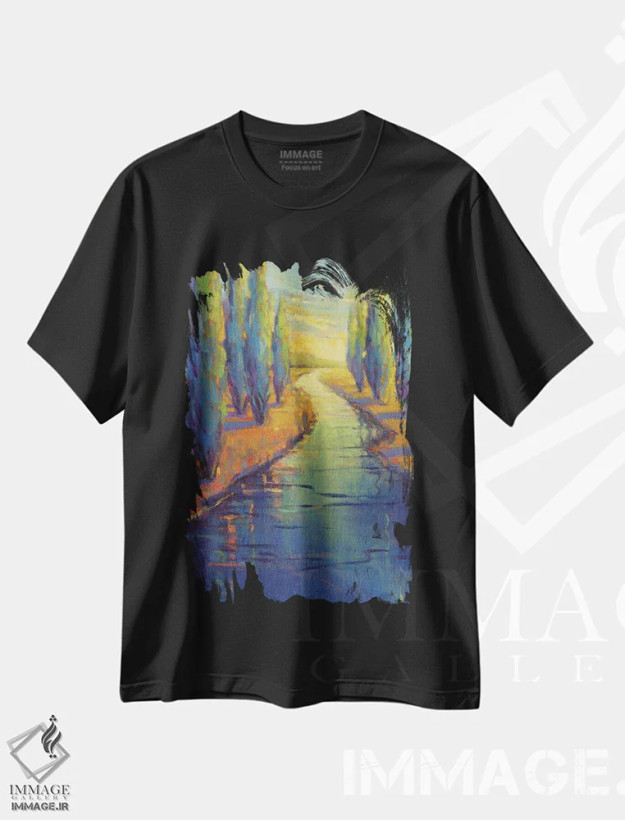 تیشرت مشکی طرح دار انعکاس سروها، دکور معاصر اثر کانی کیم | فروشگاه ایماژ