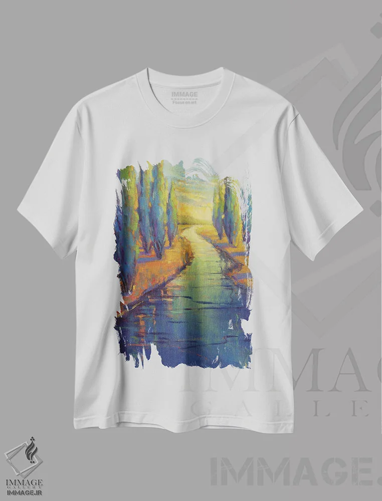 تیشرت سفید طرح دار انعکاس سروها، دکور معاصر اثر کانی کیم | immage.ir