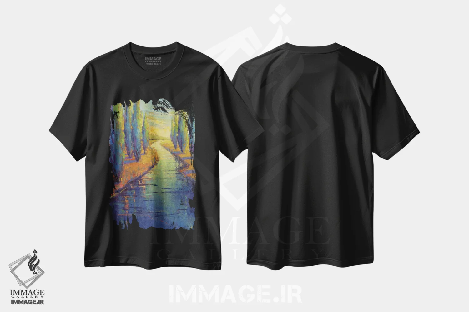 تیشرت مشکی طرح دار انعکاس سروها، دکور معاصر اثر کانی کیم | فروشگاه ایماژ