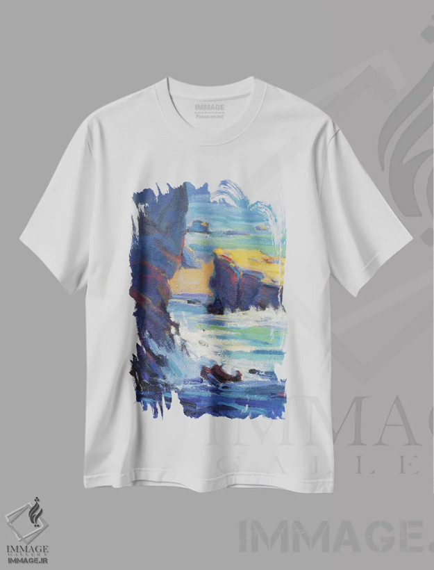 تیشرت سفید طرح دار صخره های لاگونا، دکور معاصر اثر کانی کیم | فروشگاه ایماژ