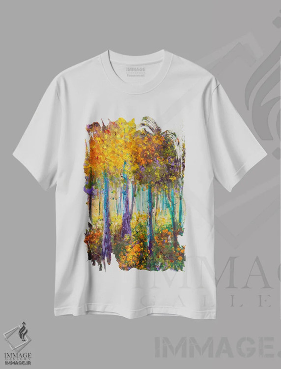 تیشرت سفید طرح دار هنگام تغییر برگ ها، دکور معاصر اثر کیمبرلی آدامز | فروشگاه ایماژ