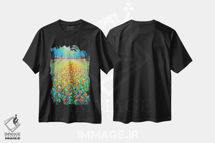 تیشرت مشکی طرح دار گل های وحشی، هنر فاخر معاصر اثر کیمبرلی آدامز | فروشگاه ایماژ