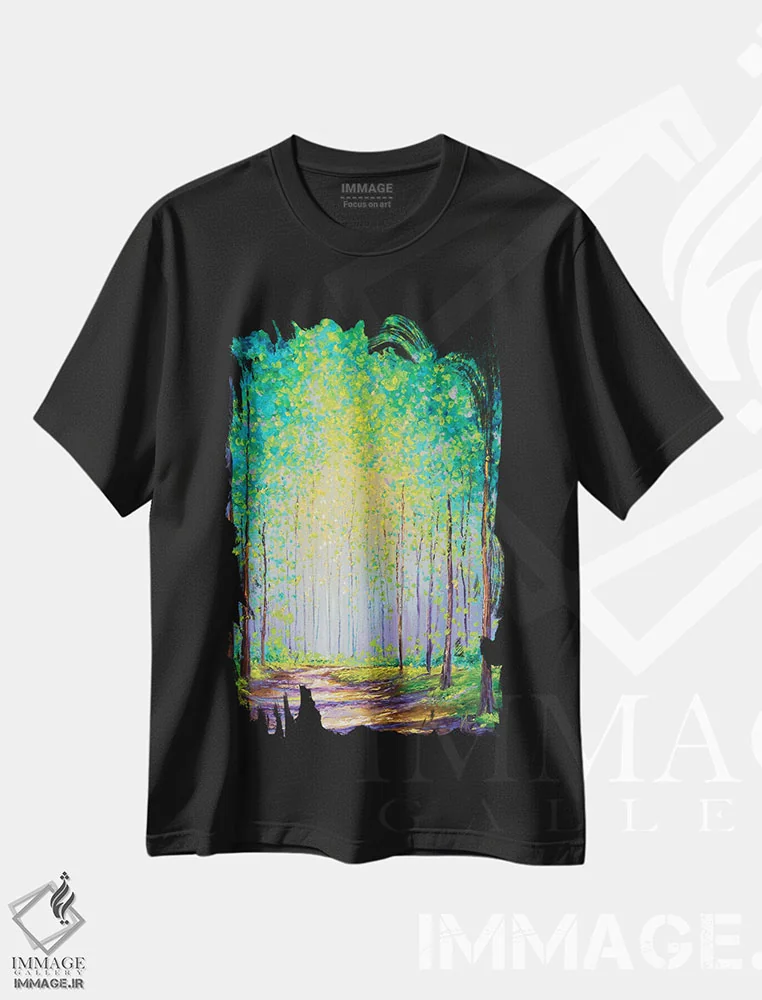 تیشرت مشکی طرح دار قدم زنی عصرگاهی، هنر فاخر معاصر اثر کیمبرلی آدامز | فروشگاه ایماژ