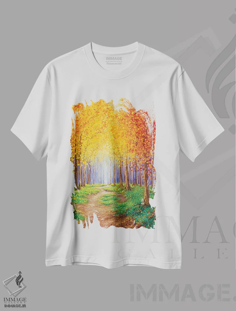 تیشرت سفید طرح دار گریز پاییزی، هنر فاخر معاصر اثر کیمبرلی آدامز | فروشگاه ایماژ