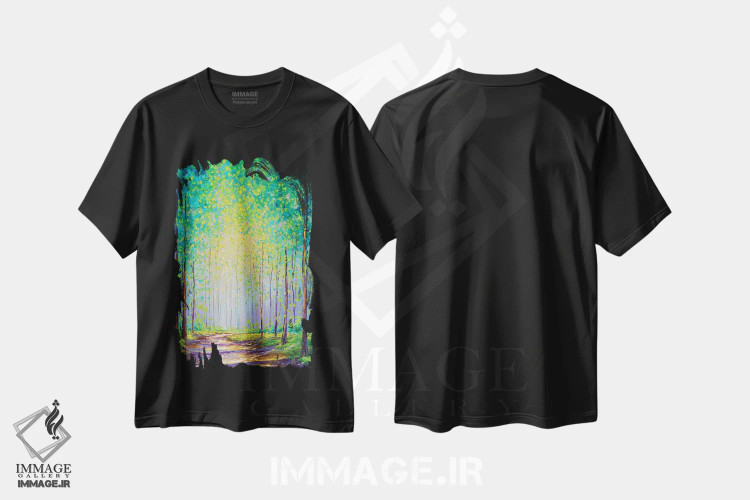 تیشرت مشکی طرح دار قدم زنی عصرگاهی، هنر فاخر معاصر اثر کیمبرلی آدامز | فروشگاه ایماژ