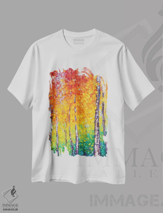 تیشرت سفید طرح دار دگرگونی پاییزی، هنر فاخر معاصر اثر کیمبرلی آدامز | immage.ir