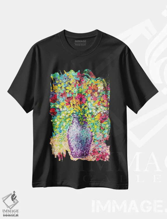 تیشرت مشکی طرح دار دسته گل تابستانی، هنر فاخر معاصر اثر کیمبرلی آدامز | فروشگاه ایماژ
