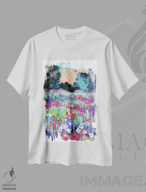 تیشرت سفید طرح دار عزیمت صبح زود، آبستره اثر کیپ دکر | فروشگاه ایماژ