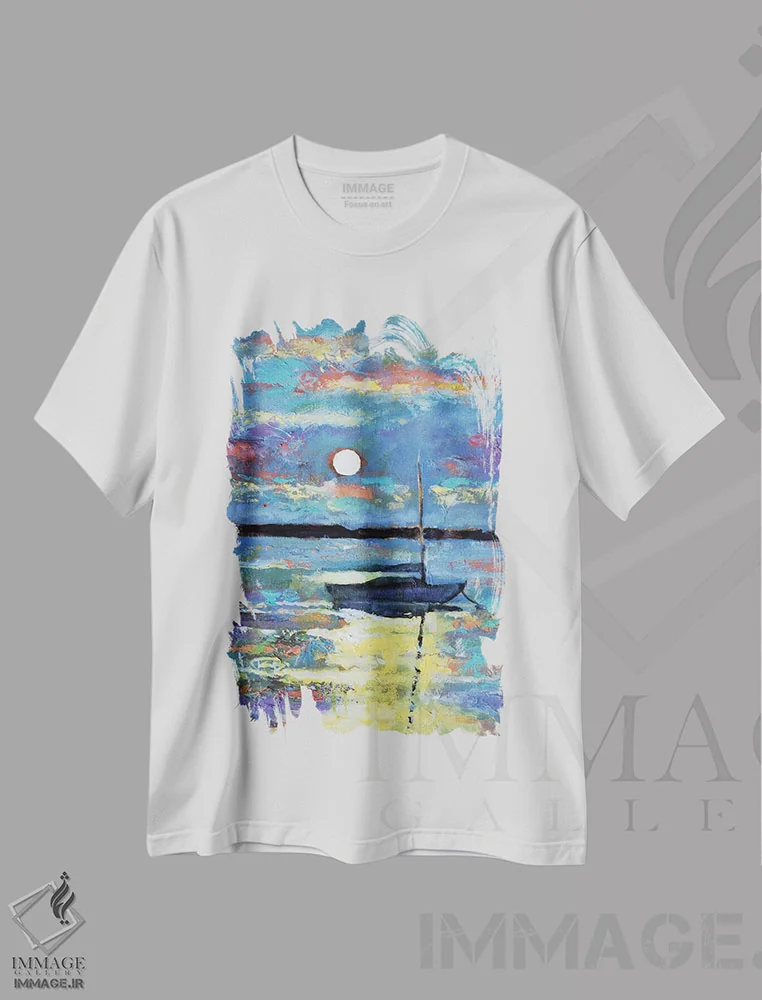 تیشرت سفید طرح دار ماه بالای قایق بادبانی، دکور معاصر اثر کیپ دکر | فروشگاه ایماژ