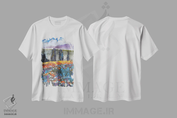 تیشرت سفید طرح دار خشخاش ها بر فراز تپه، دکور معاصر اثر کیپ دکر | فروشگاه ایماژ