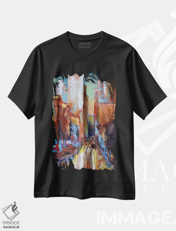 تیشرت مشکی طرح دار شلوغی عصرگاهی، دکور معاصر اثر کیپ دکر | فروشگاه ایماژ