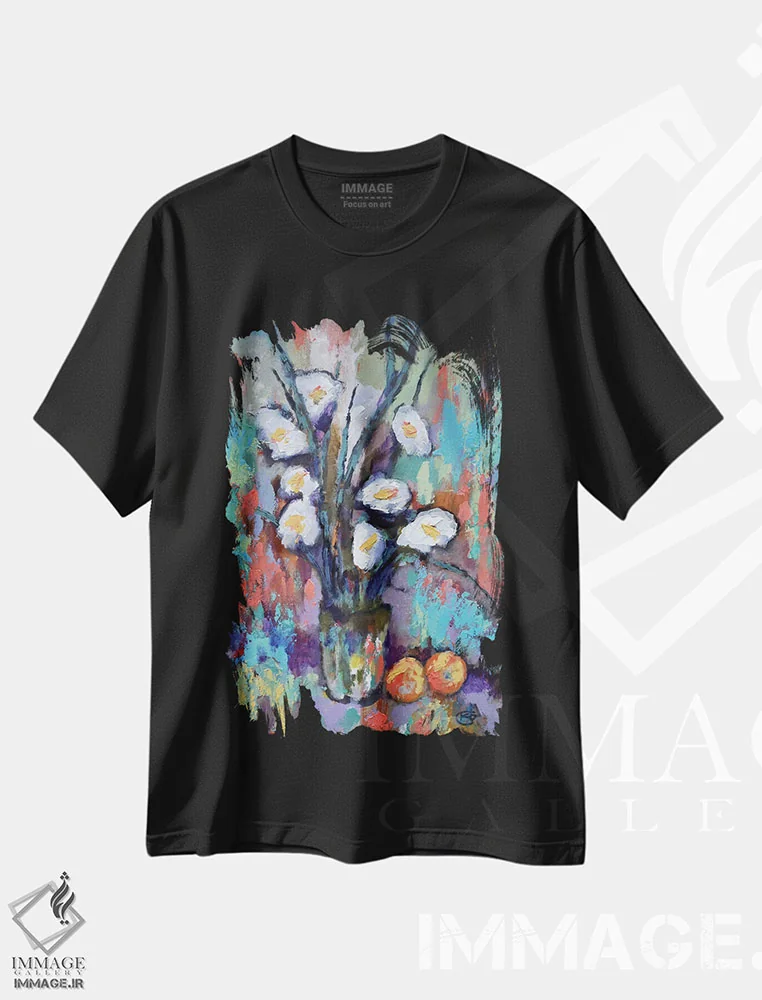 تیشرت مشکی طرح دار گل گلادیول و هلو، دکور معاصر اثر کیپ دکر | فروشگاه ایماژ