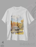 تیشرت سفید طرح دار کلبه ای در جنگل، دکور کلبه و لژ اثر کتی جنینگز | فروشگاه ایماژ