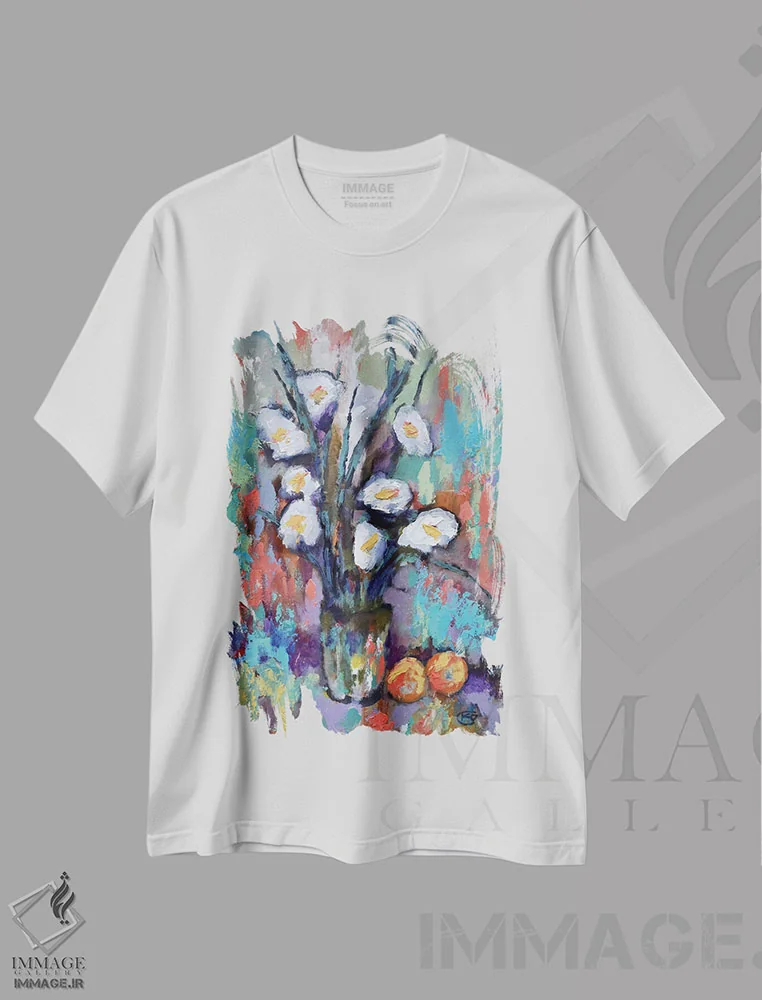 تیشرت سفید طرح دار گل گلادیول و هلو، دکور معاصر اثر کیپ دکر | immage.ir
