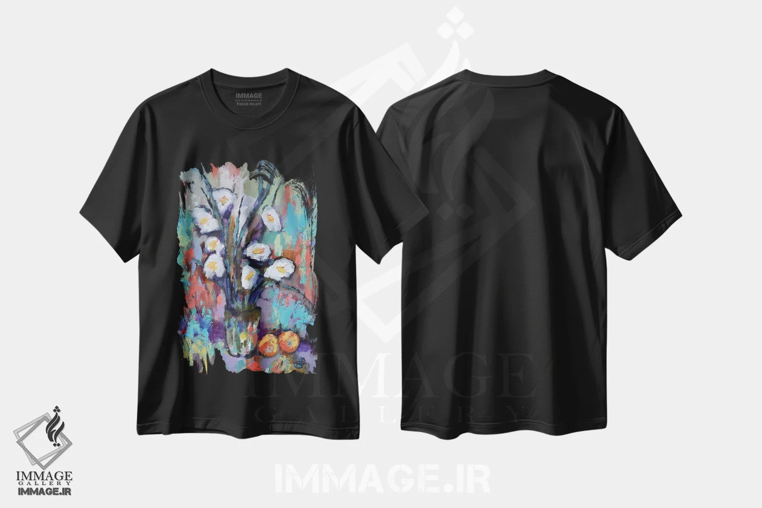 تیشرت مشکی طرح دار گل گلادیول و هلو، دکور معاصر اثر کیپ دکر | فروشگاه ایماژ