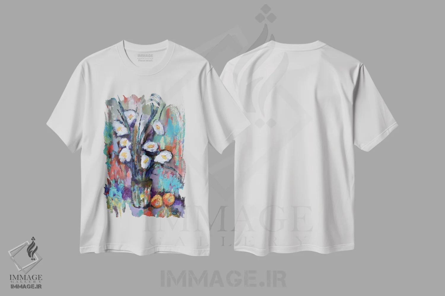 تیشرت سفید طرح دار گل گلادیول و هلو، دکور معاصر اثر کیپ دکر | immage.ir