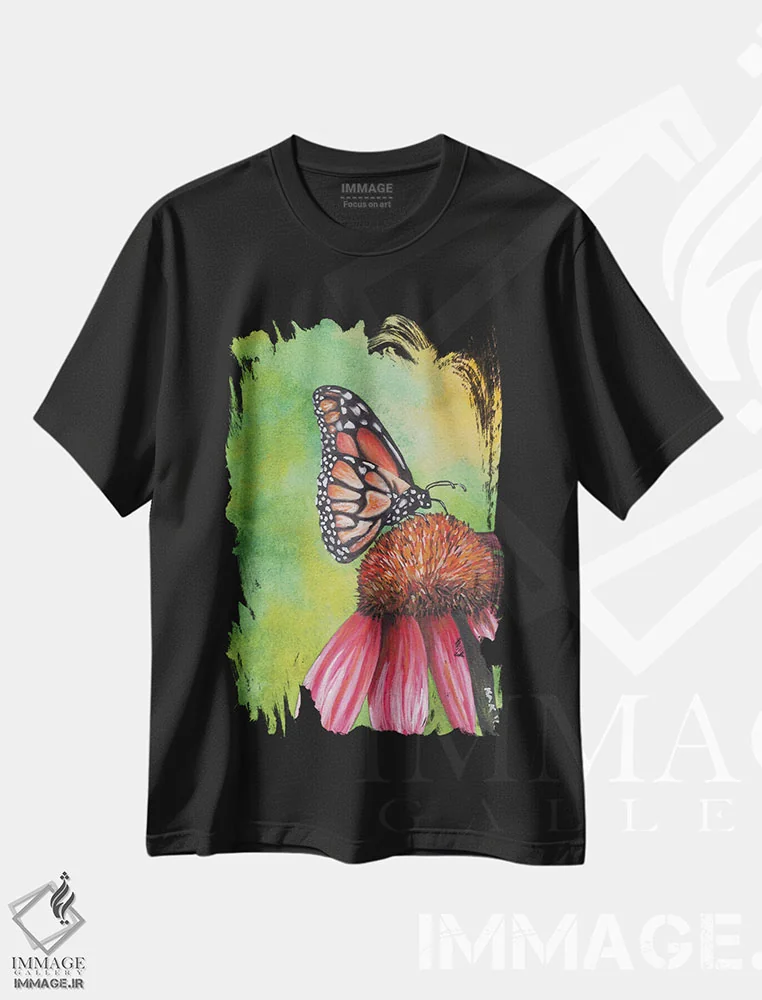 تیشرت مشکی طرح دار پروانه پادشاه، تزئینی اثر هنر و طراحی KAK | فروشگاه ایماژ