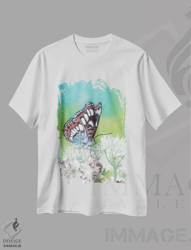 تیشرت سفید طرح دار پروانه VIII، تزئینی اثر هنر و طراحی KAK | immage.ir