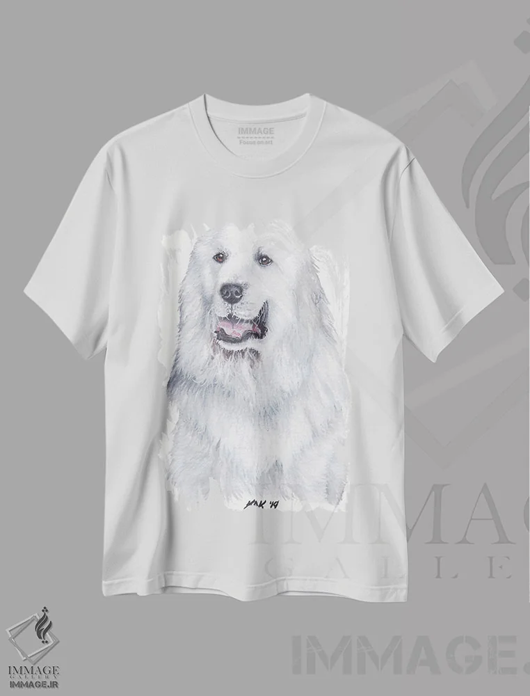 تیشرت سفید طرح دار سگ گریت پیرنه، تزئینی اثر هنر و طراحی KAK | فروشگاه ایماژ